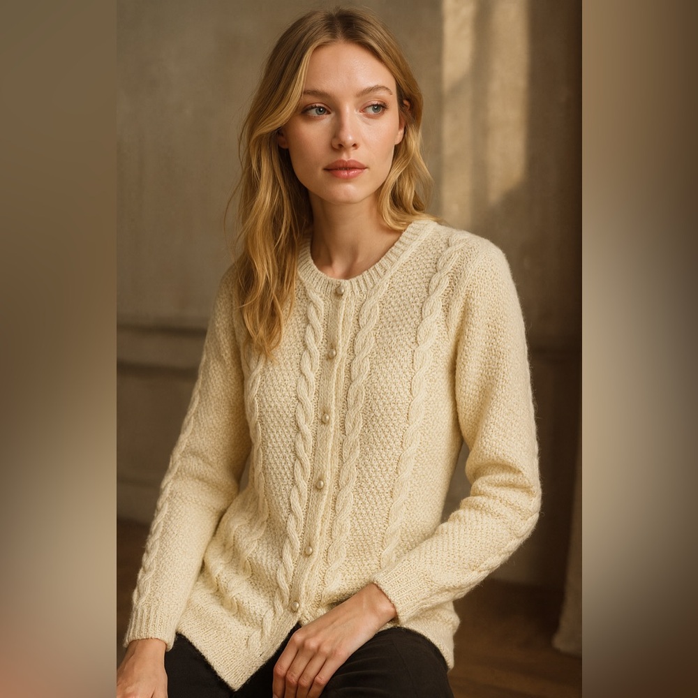 Handknit Cream Cable Knit Long Cardigan Pearl Buttons Soft Cozy Layer cabincore